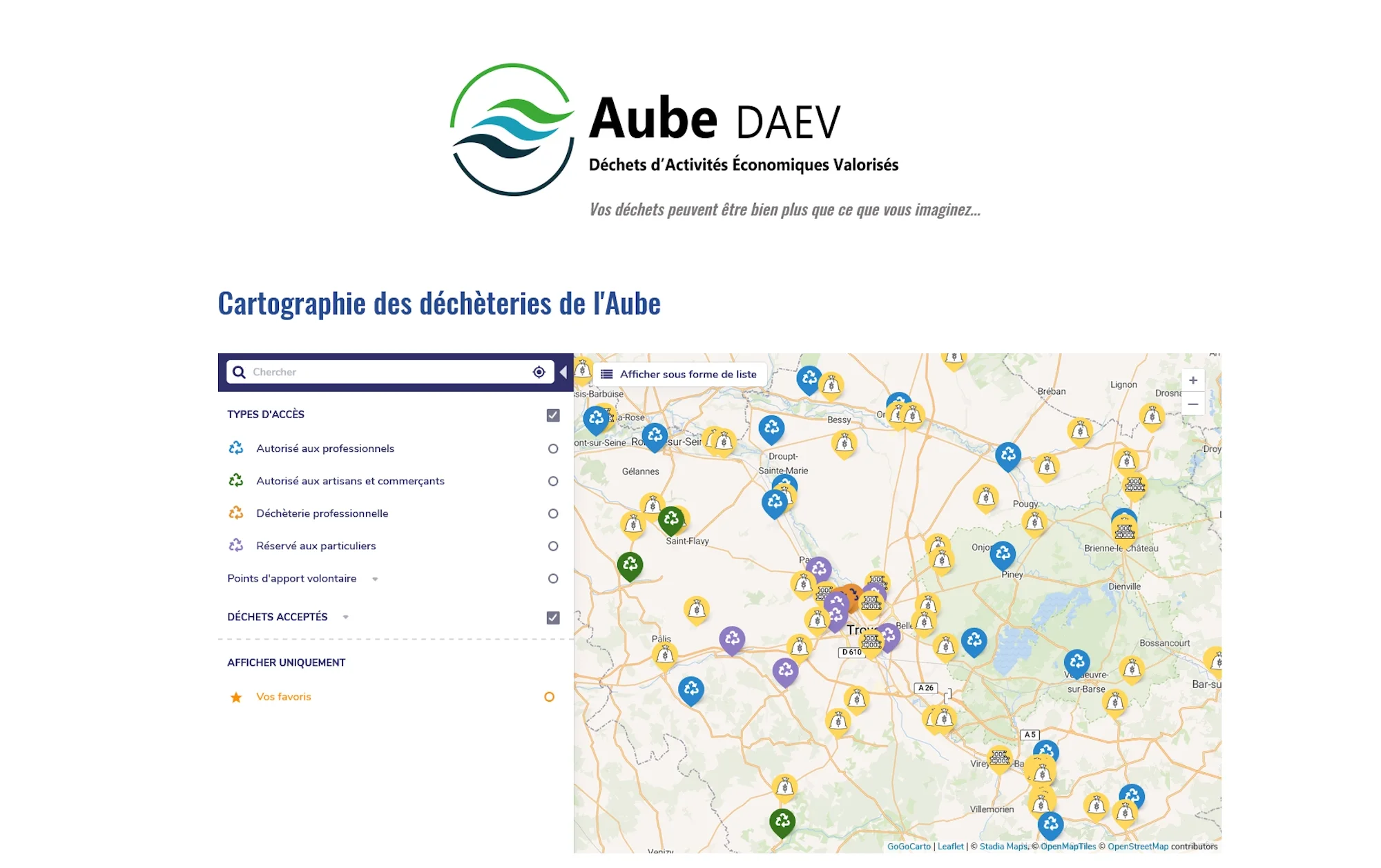 Capture d'écran de la cartographie des déchèteries de l'Aube