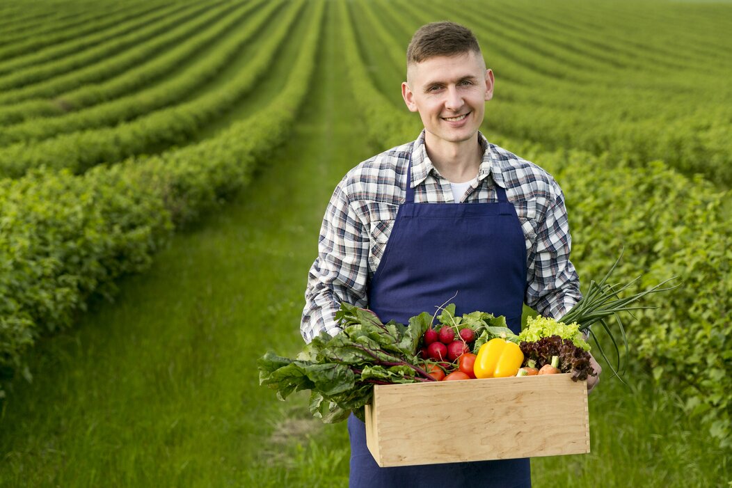 Photo d'un agriculteur tenant une caisse de légumes